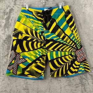 Fox Racing Cargo Board Shorts Mens 32 Blue Yellow Black Stretch 11"‎ Inseam